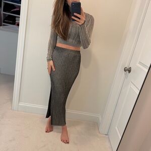 Zara matching skirt set, stretchy ribbed knit metallic silver and black - size s
